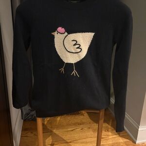 J. Crew Navy Sweater with Cream Chick and Pink Hat
